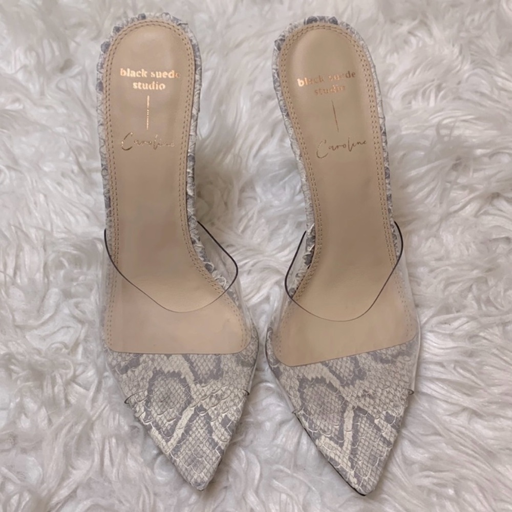 BLACK SUEDE STUDIO Bella Sandalin coconut phyton/clear PVC vamp size 37.5